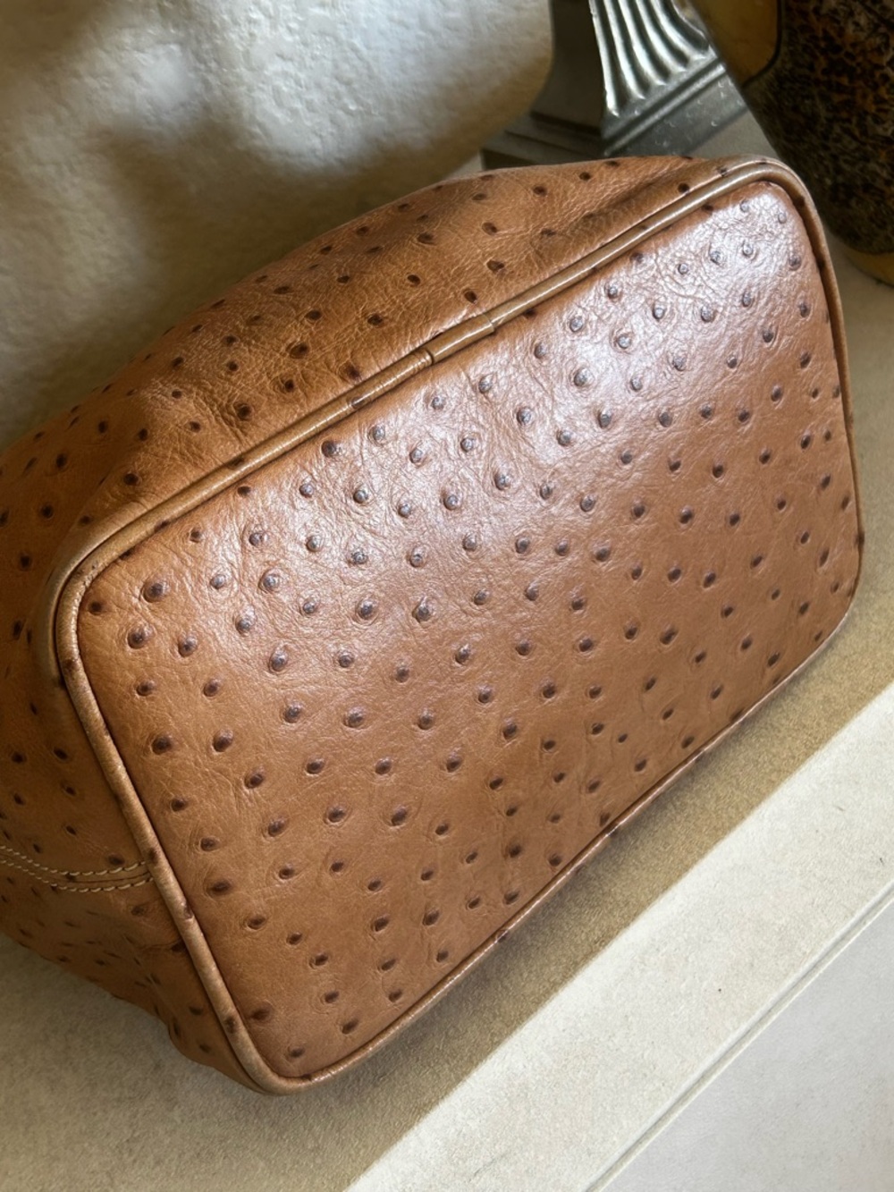 Dooney & Bourke Tan Ostrich-Embossed Drawstring Bucket Bag - Picture 6 of 17